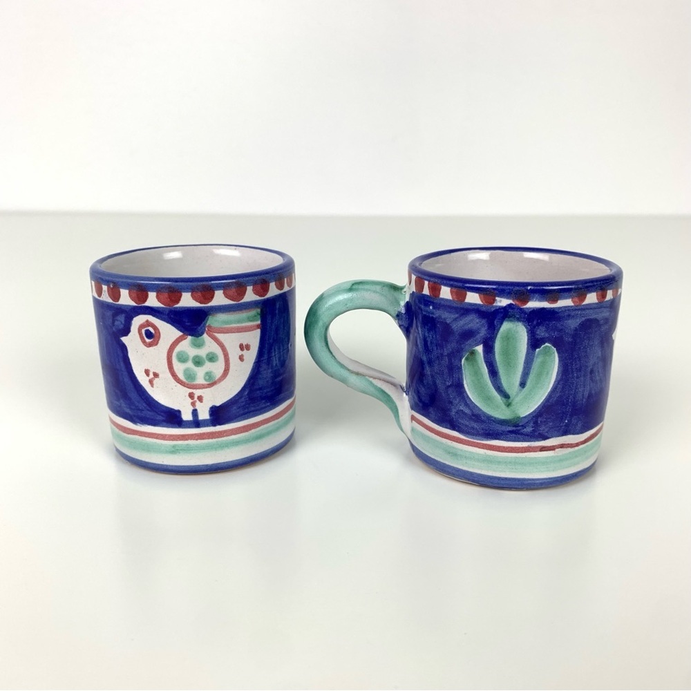 Solimene Vietri Italy Cups Pair Chicken Bird Demitasse Vtg Handpainted Blue